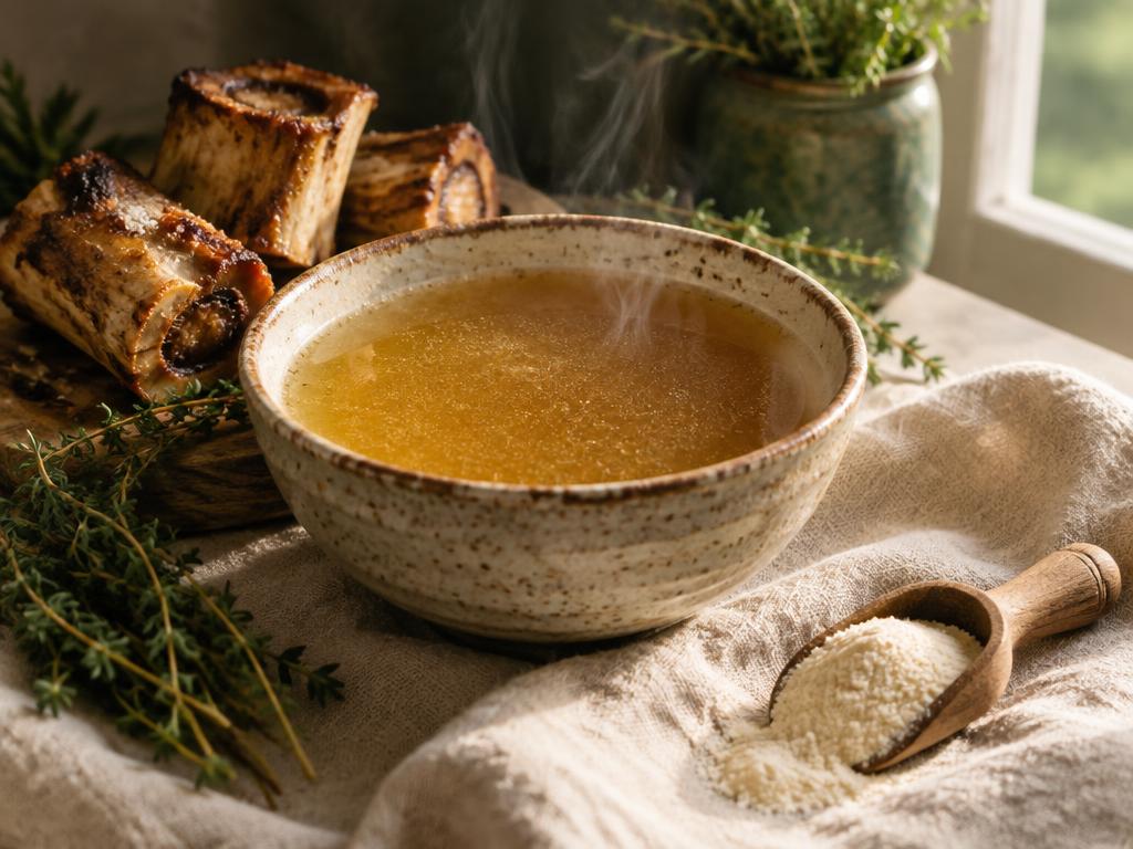 A bowl of golden bone broth on linen beside a wooden scoop of collagen peptides