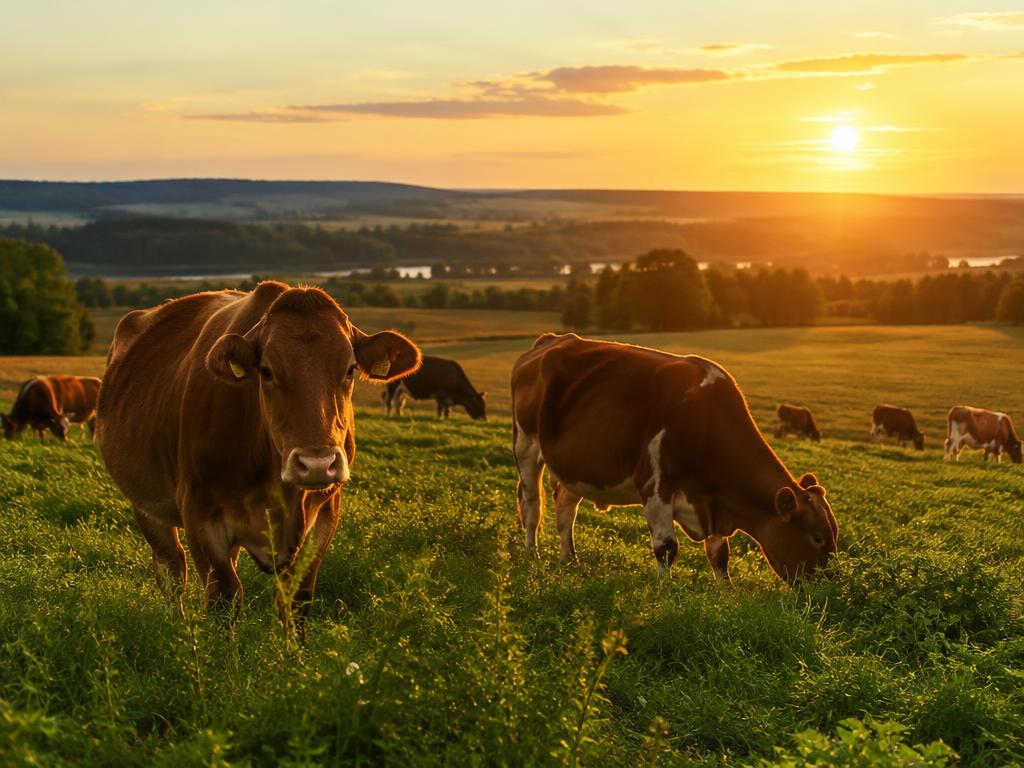 Grass-fed cattle grazing on a green pasture at golden hour