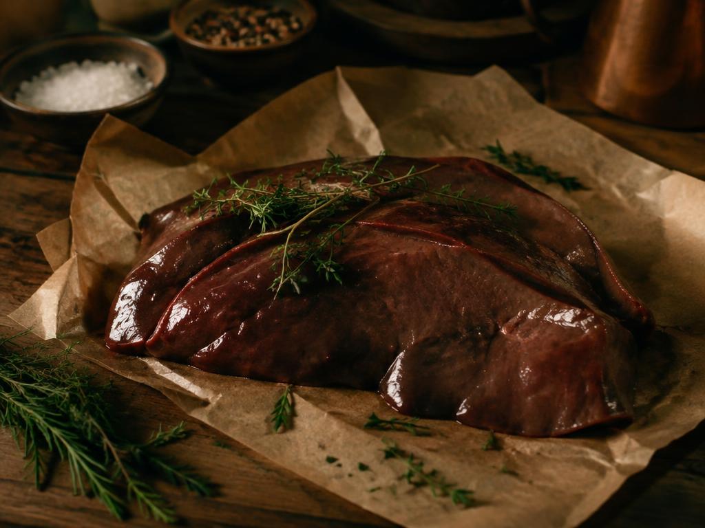Fresh grass-fed beef liver on butcher paper with herbs
