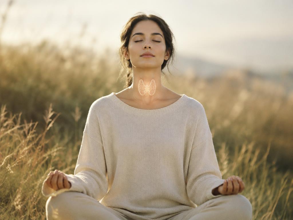 Woman meditating peacefully in a field at golden hour